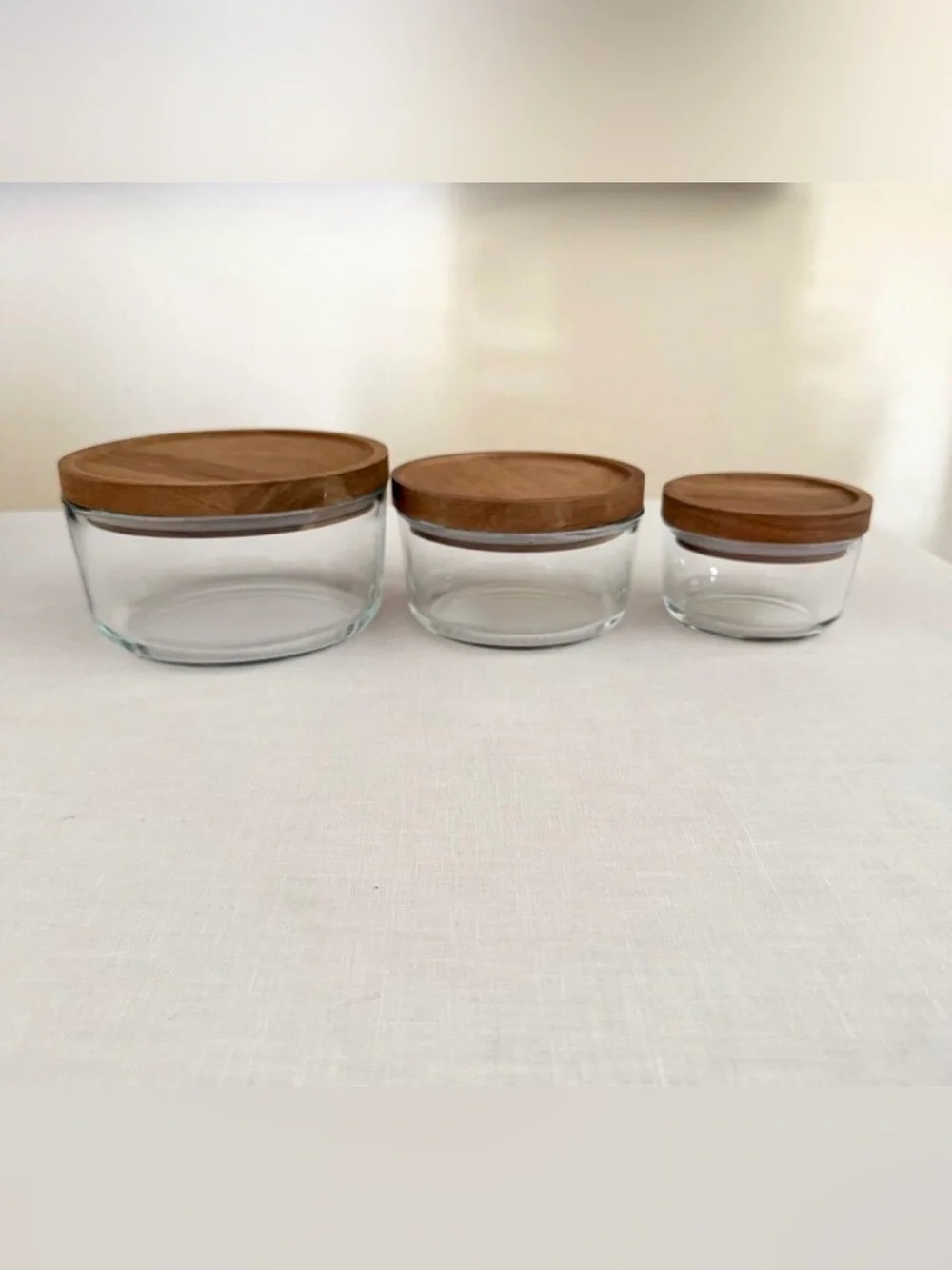 Short Stories NIB Glass Storage Bowl Set Acacia Wood Lids 3pc Boho